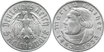 монета фашистская Германия 5 марок 1933