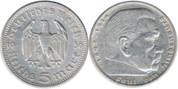 Монета Nazi Deutschland 5 Reichsmark 1936