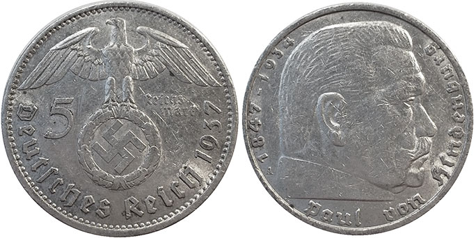 Монета Nazi Deutschland 5 Reichsmark 1937
