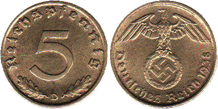 Монета Nazi Deutschland 5 ReichsPfennig 1938