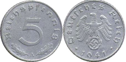 Монета Nazi Deutschland 5 ReichsPfennig 1941