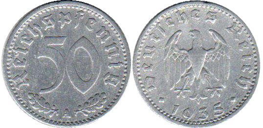 Монета Nazi Deutschland 50 ReichsPfennig 1935