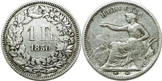 Монета Швейцария 1 франк 1850 