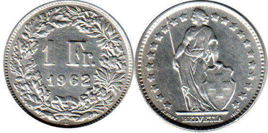 Монета Швейцария 1 франк 1962 