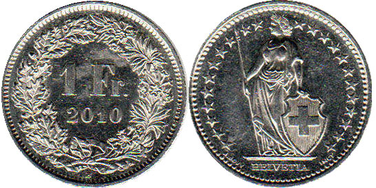 Монета Швейцария 1 франк 2010 