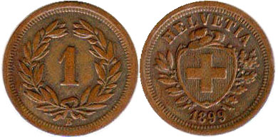 Монета Швейцария 1 раппен 1899 