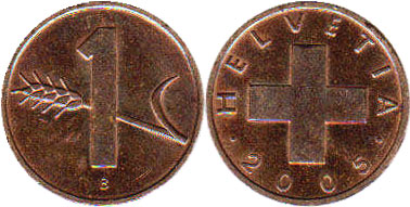 Монета Швейцария 1 раппен 2005