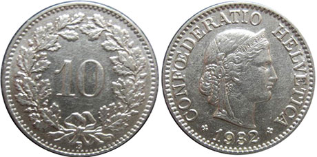 Монета Швейцария 10 раппенов 1932 