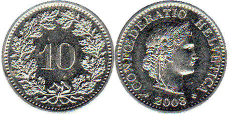 Монета Швейцария 10 раппенов 2008 