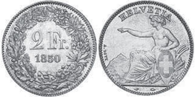 Монета Швейцария 2 франка 1850