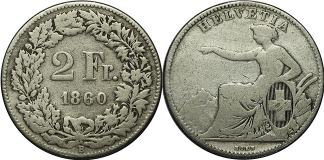 Монета Швейцария 2 франка 1860