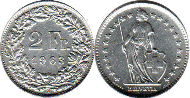 Монета Швейцария 2 франка 1963