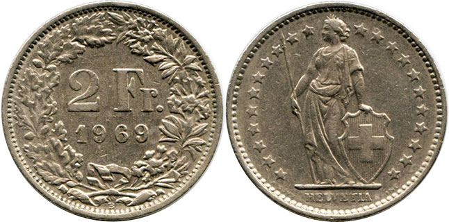 Монета Швейцария 2 франка 1969