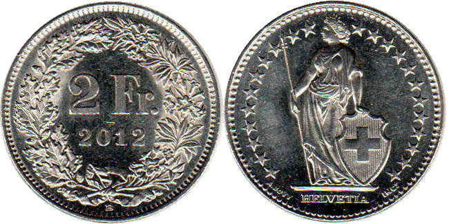 Монета Швейцария 2 франка 2012