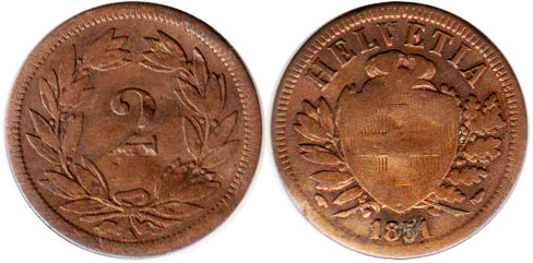 Монета Швейцария 2 раппена 1851 