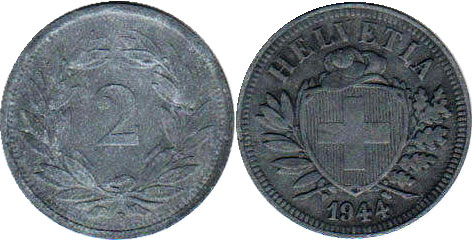 Монета Швейцария 2 раппена 1944 