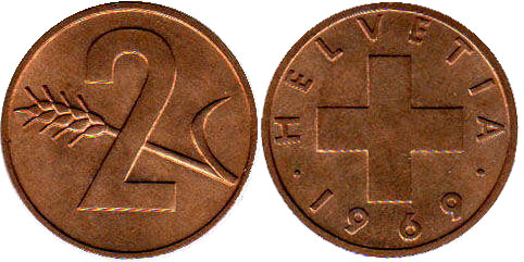 Монета Швейцария 2 раппена 1969 