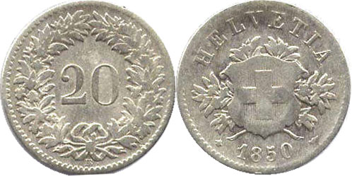 Монета Швейцария 20 раппенов 1850 