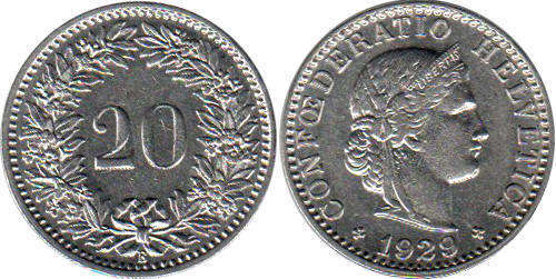 Монета Швейцария 20 раппенов 1929 