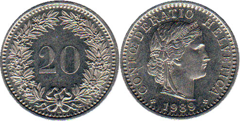 Монета Швейцария 20 раппенов 1989 