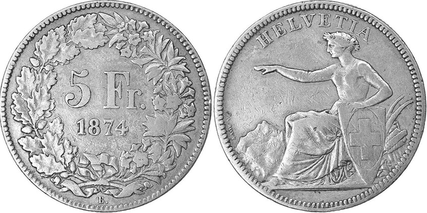 Монета Швейцария 5 франков 1874