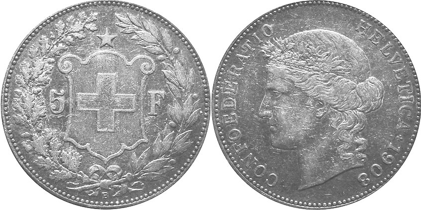 Монета Швейцария 5 франков 1908