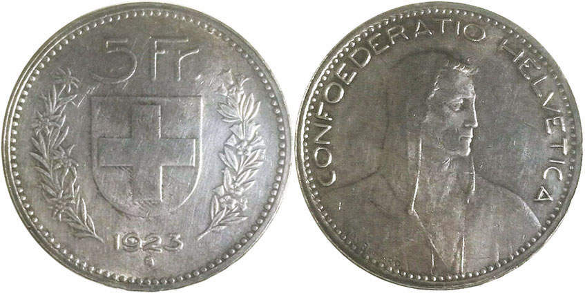 Монета Швейцария 5 франков 1922-1923