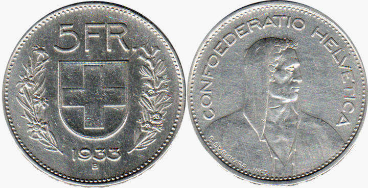 Монета Швейцария 5 франков 1933