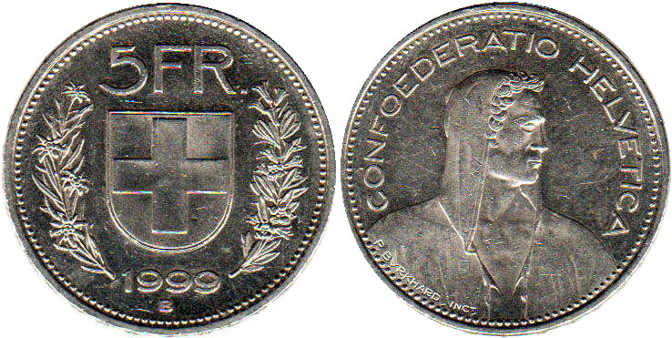 Монета Швейцария 5 франков 1999