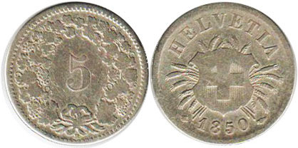 Монета Швейцария 5 раппенов 1850 