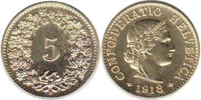 Монета Швейцария 5 раппенов 1918 