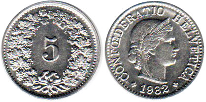 Монета Швейцария 5 раппенов 1932 