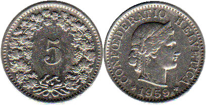 Монета Швейцария 5 раппенов 1959 