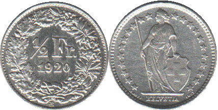 Монета Швейцария 1/2 франка 1920 