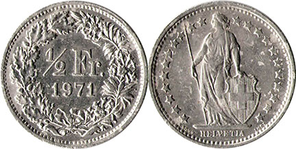 Монета Швейцария 1/2 франка 1971 