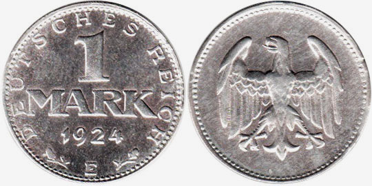 Монета Веймар 1 mark 1924