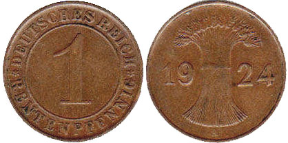 Монета Веймар 1 пфенниг 1924