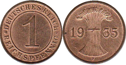 Монета Веймар 1 пфенниг 1935