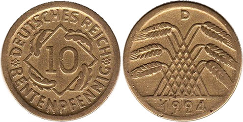 Монета Веймар 10 пфеннигов 1924