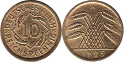 монета Германия Веймар 10 пфеннигов 1925