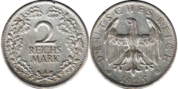 Монета Веймар 2 mark 1925