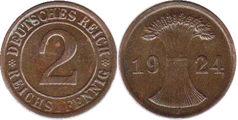 Монета Веймар 2 пфеннига 1924