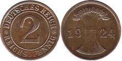 монета Германия Веймар 2 пфеннига 1924
