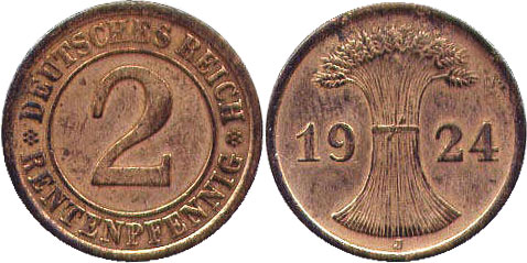 Монета Веймар 2 пфеннига 1924