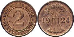 монета Германия Веймар 2 пфеннига 1924