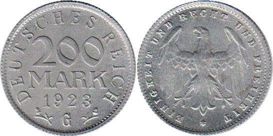 монета Германия Веймар 200 mark 1923