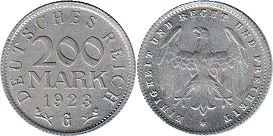 монета Германия Веймар 200 марок 1923