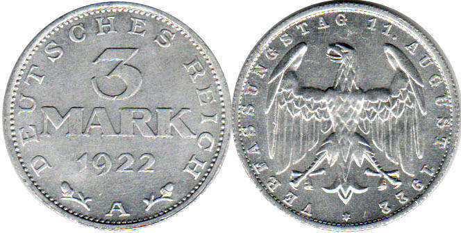 Монета Веймар 3 марки 1922 gedenk