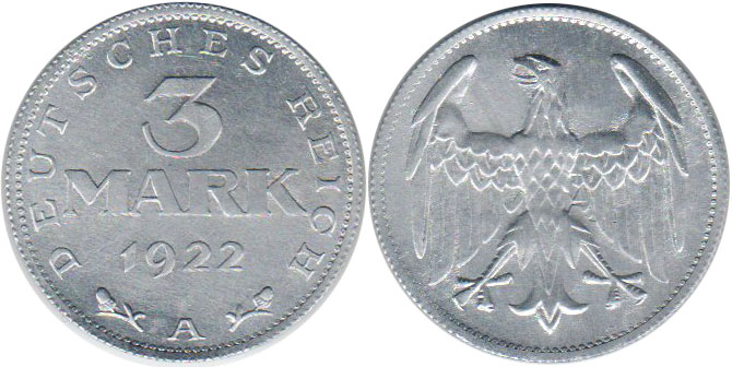 Монета Веймар 3 марки 1922