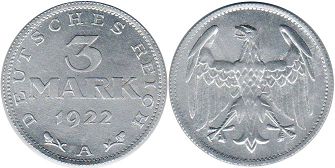 монета Германия Веймар 3 марки 1922